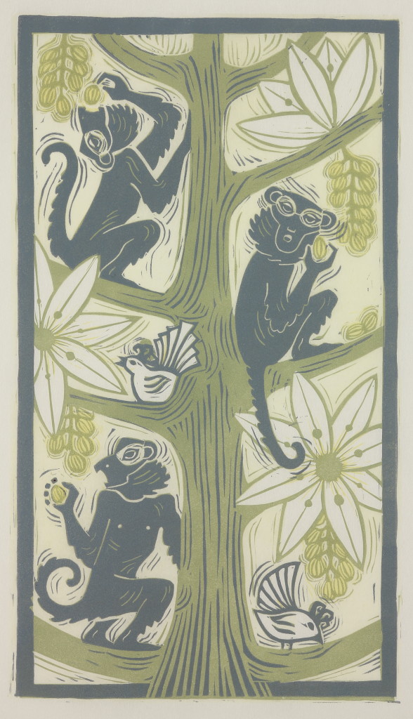 Monkey Forest. Four block linoleum print on Japanese paper.